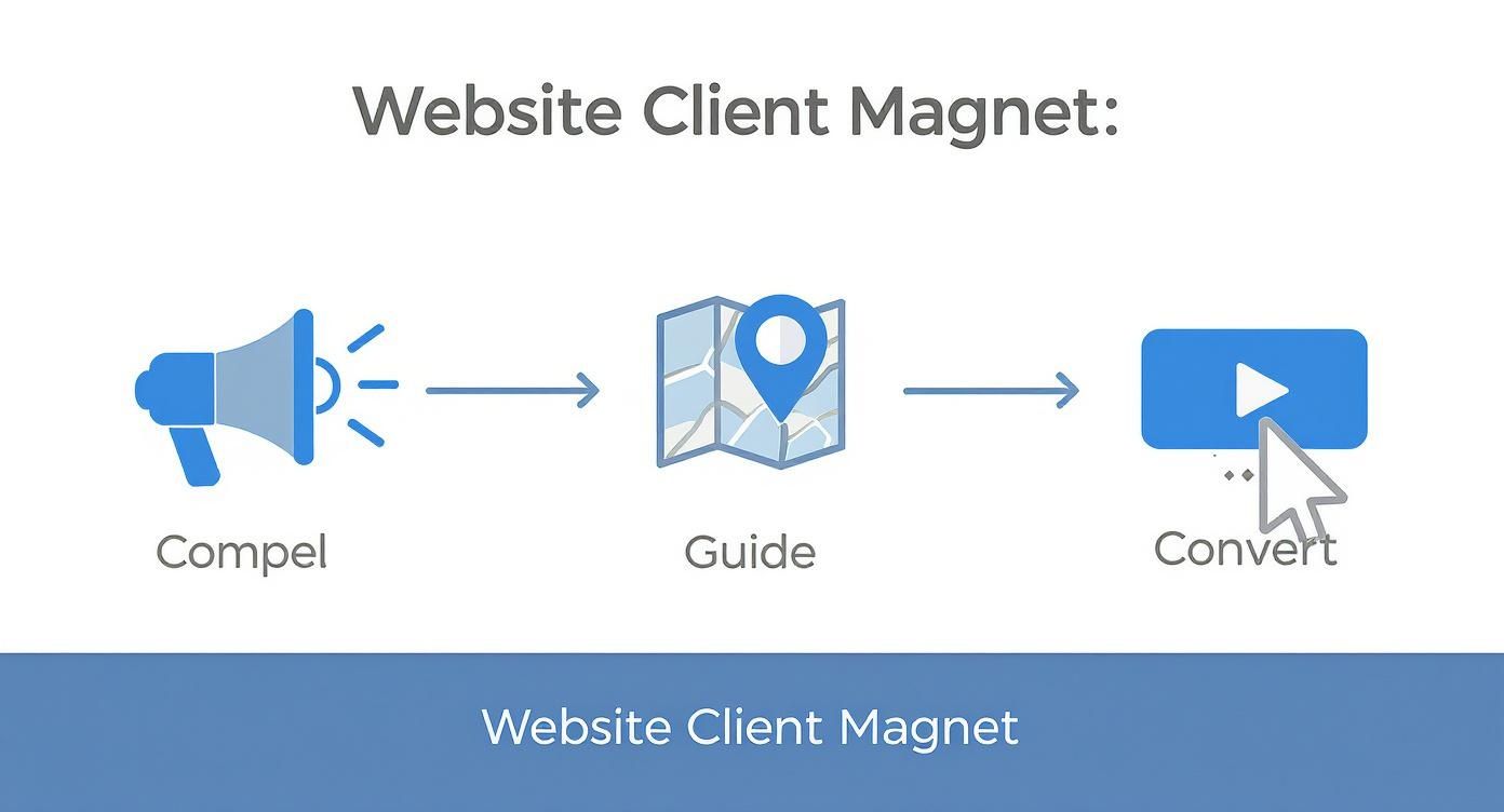 Website client magnet funnel showing three stages: compel with megaphone, guide with map, convert with video