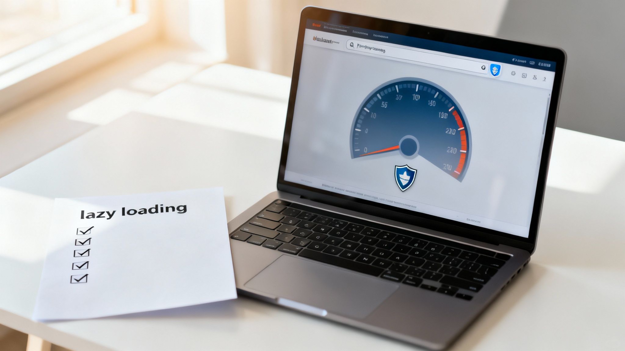 A laptop screen displays a speed test gauge next to a paper checklist for 'lazy loading' on a white desk.