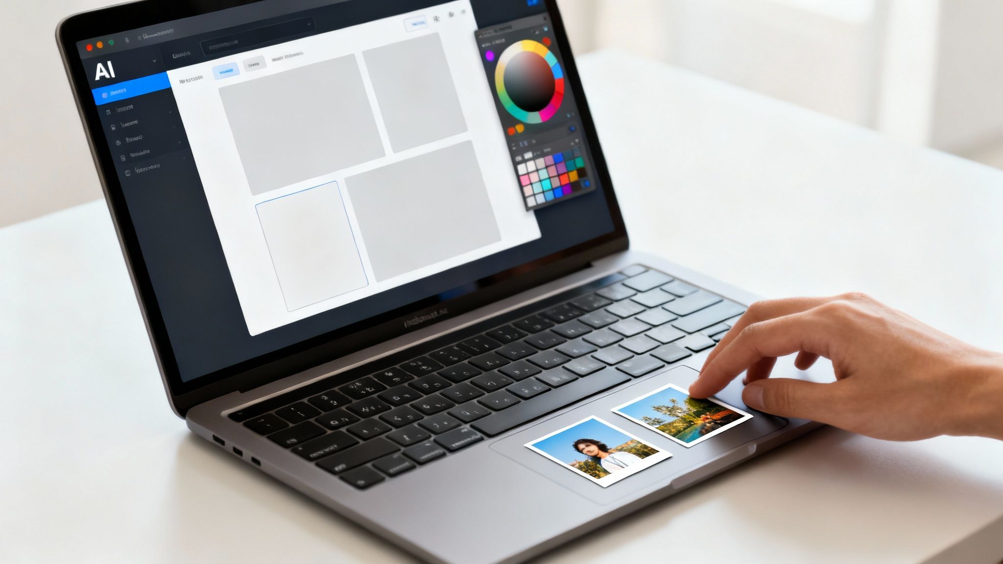 Person using a laptop with AI design software, a color palette, and two small photos on the keyboard.