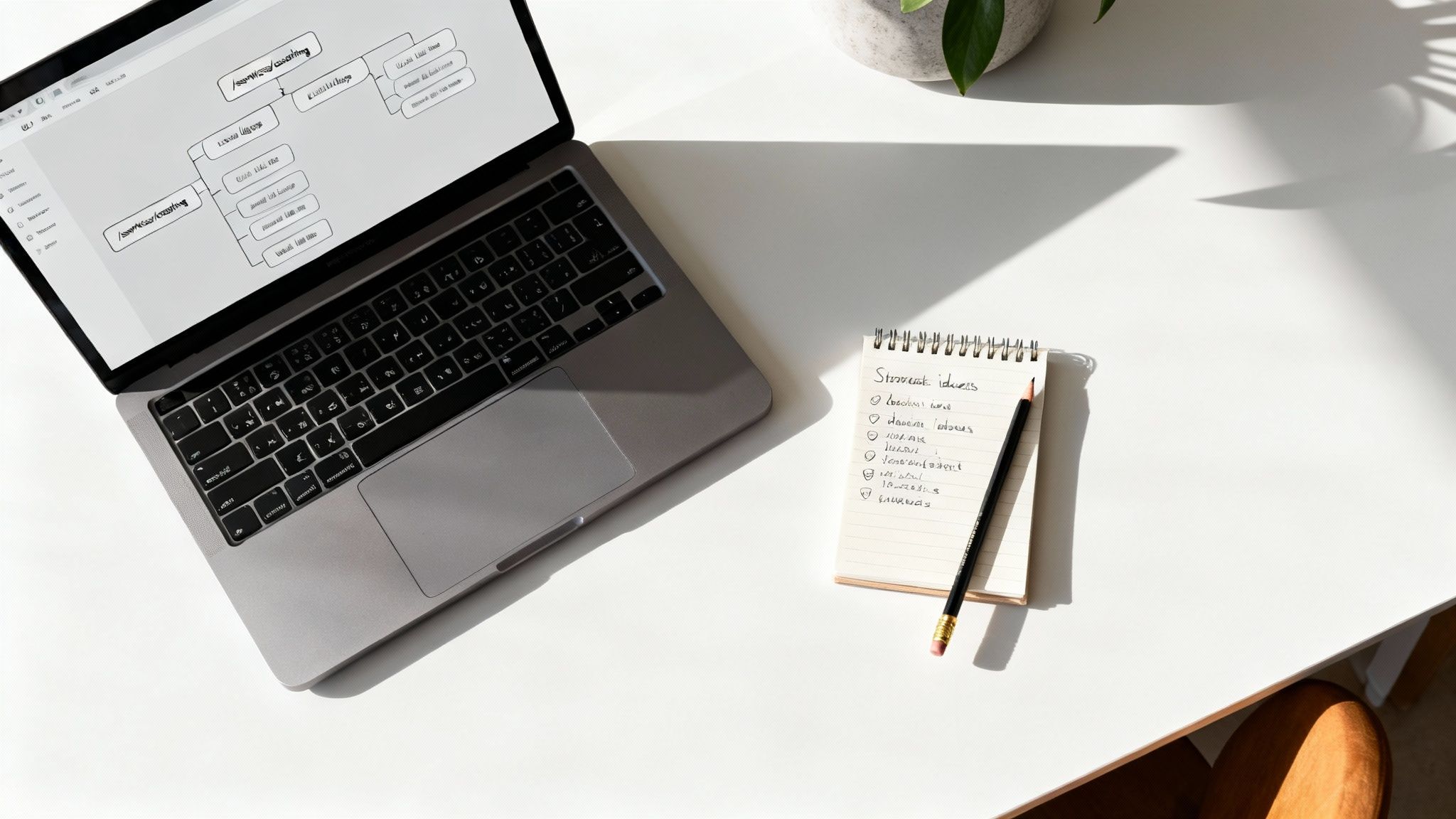 A person brainstorming at a desk, sketching out a website structure on paper, symbolizing the planning of a domain and URLs.