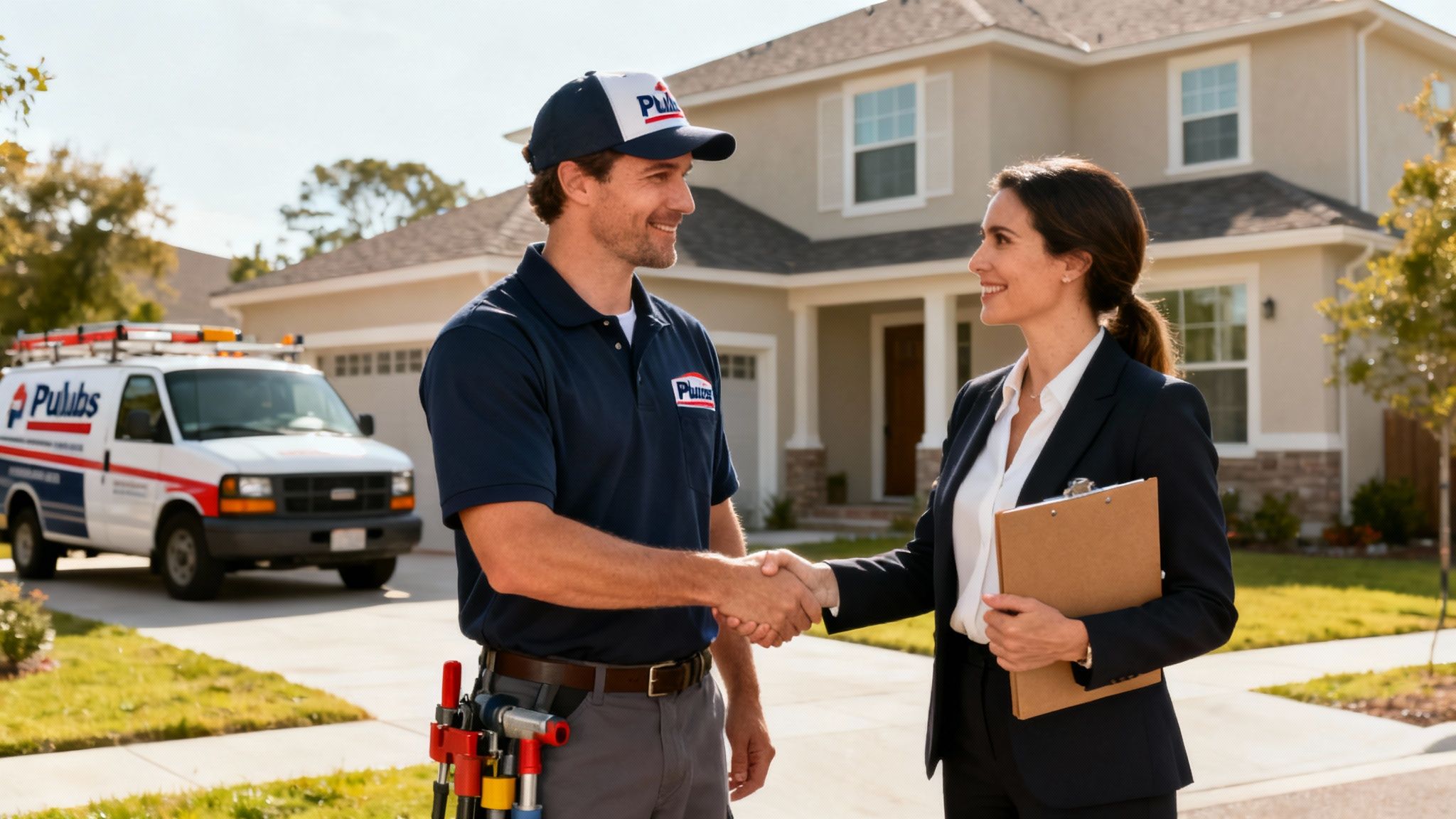 A smiling plumber in uniform shakes hands with a professional woman outside a house, next to a service van.