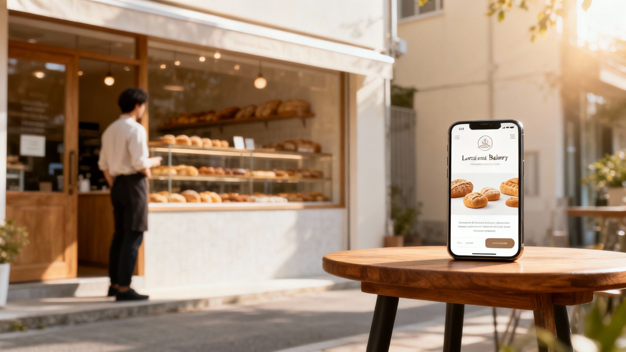 Smartphone displaying a local bakery's website on an outdoor table, with the bakery and a baker in the background.