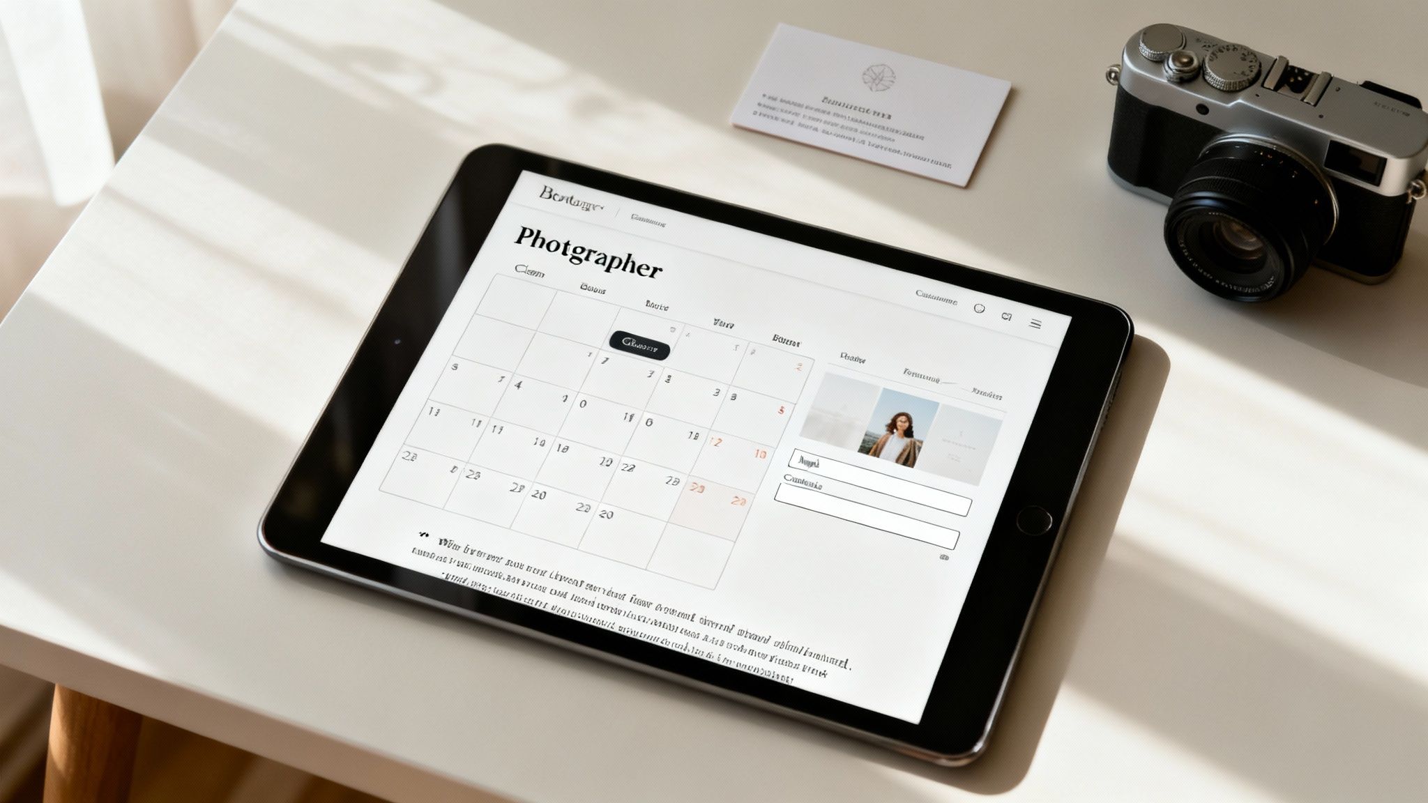 A tablet displaying a photography website with a calendar and portfolio, alongside a vintage camera and business card on a white desk.