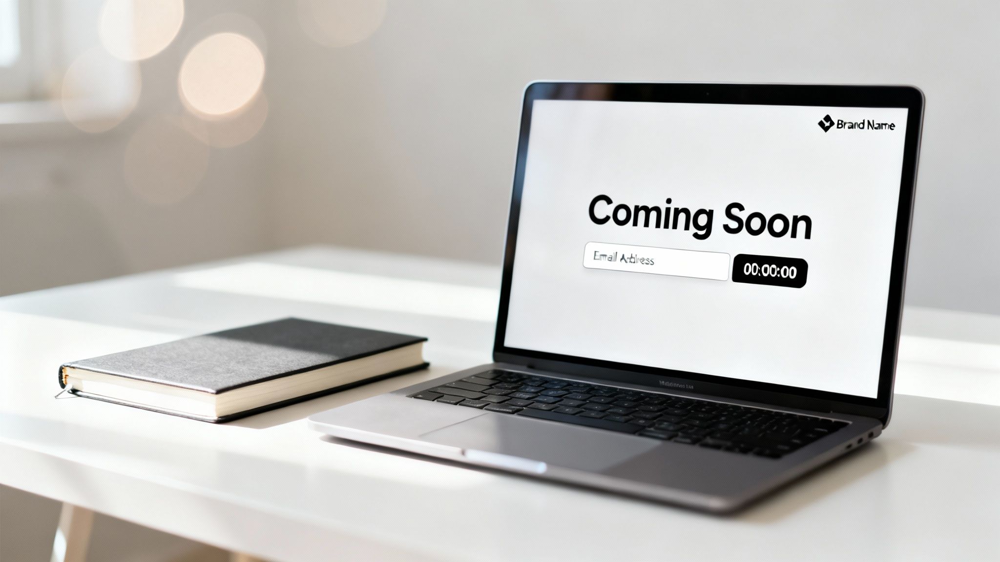 A laptop displaying a 'Coming Soon' page with an email signup and countdown timer, next to a black notebook on a white desk.