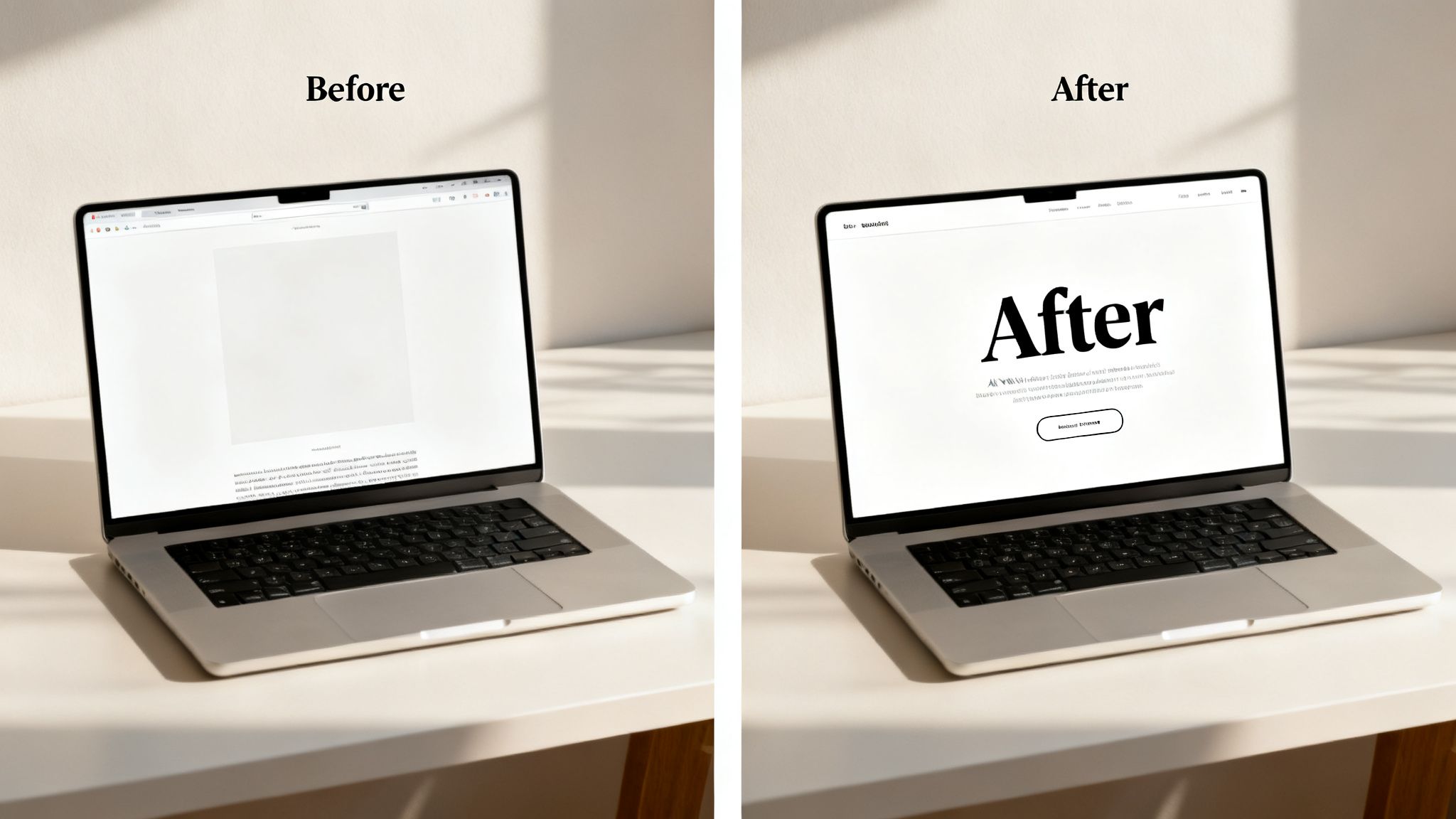 Two laptops side-by-side displaying before and after examples of improved web accessibility designs.