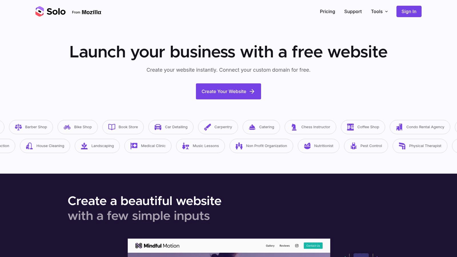 A screenshot of the Solo AI Website Creator interface showing various professional templates available for businesses, including a fitness-focused option.