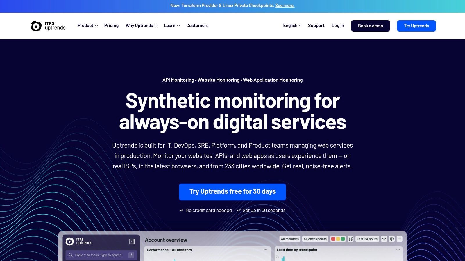 Uptrends dashboard showing website uptime and performance data