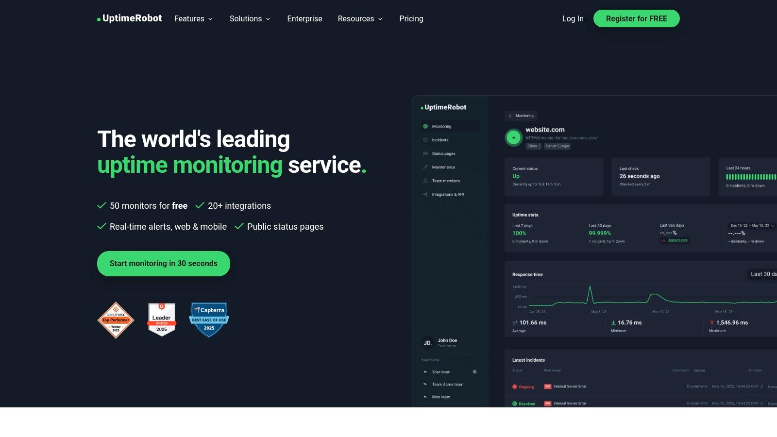 UptimeRobot dashboard displaying monitor status