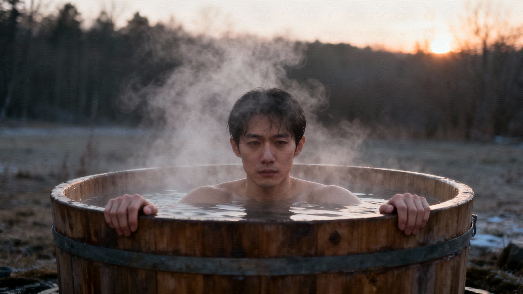 Asian man in a steaming outdoor wooden hot tub at sunset, surrounded by nature.