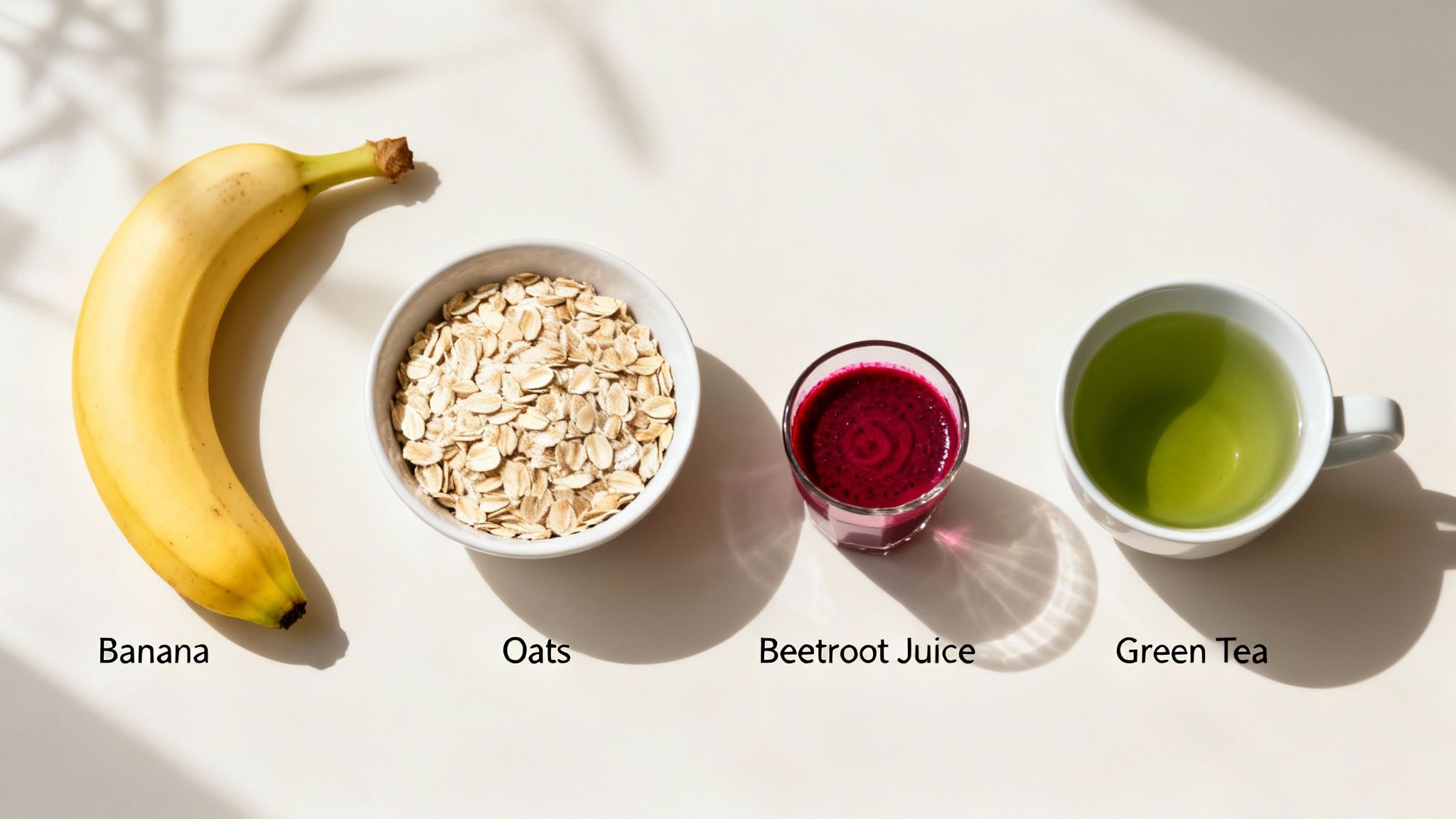 Healthy pre-workout ingredients: banana, oats, beetroot juice, and green tea on a light surface.