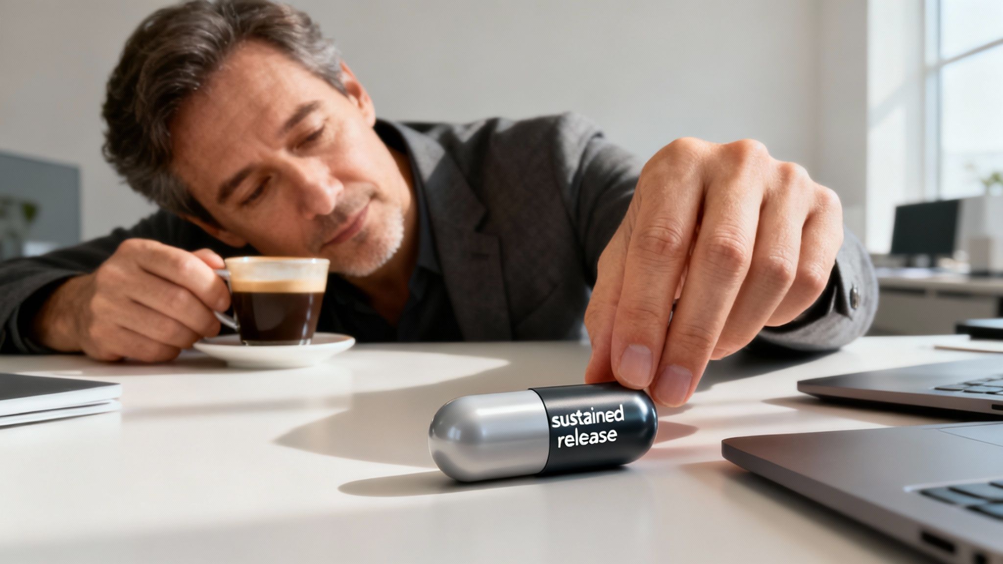 A focused individual working on a laptop, representing sustained energy without crashes.