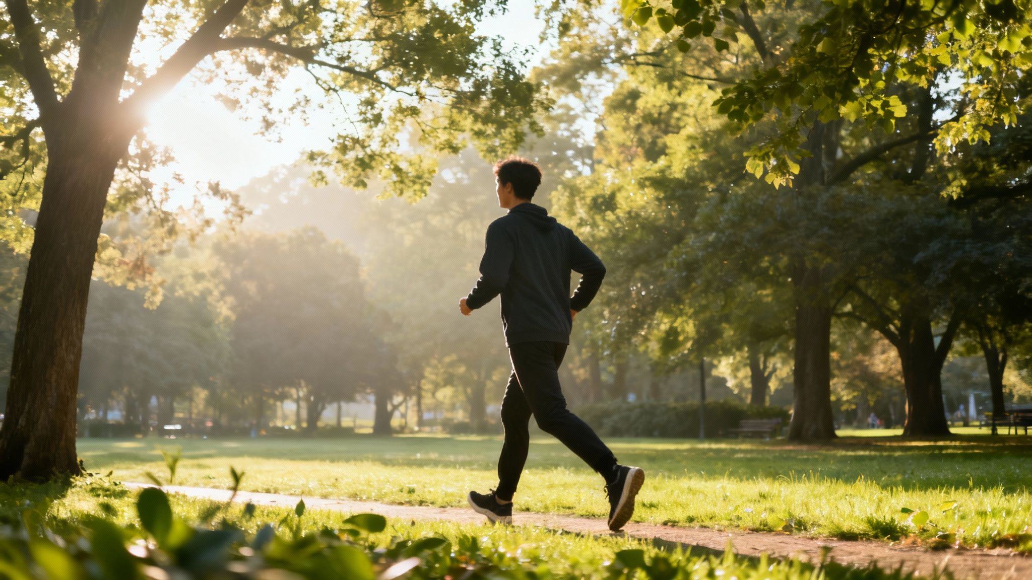 A person tying their running shoes in the morning light, ready for a walk.