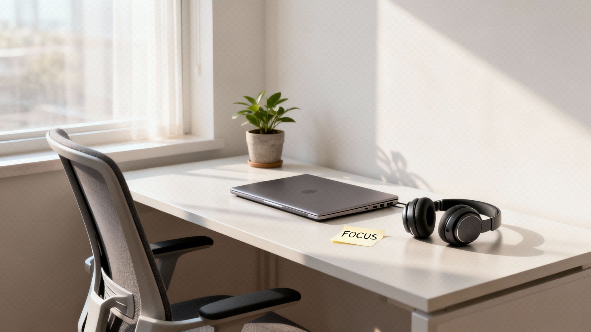 A clean, sunlit desk with a closed laptop, headphones, plant, and 'FOCUS' sticky note, next to an office chair.