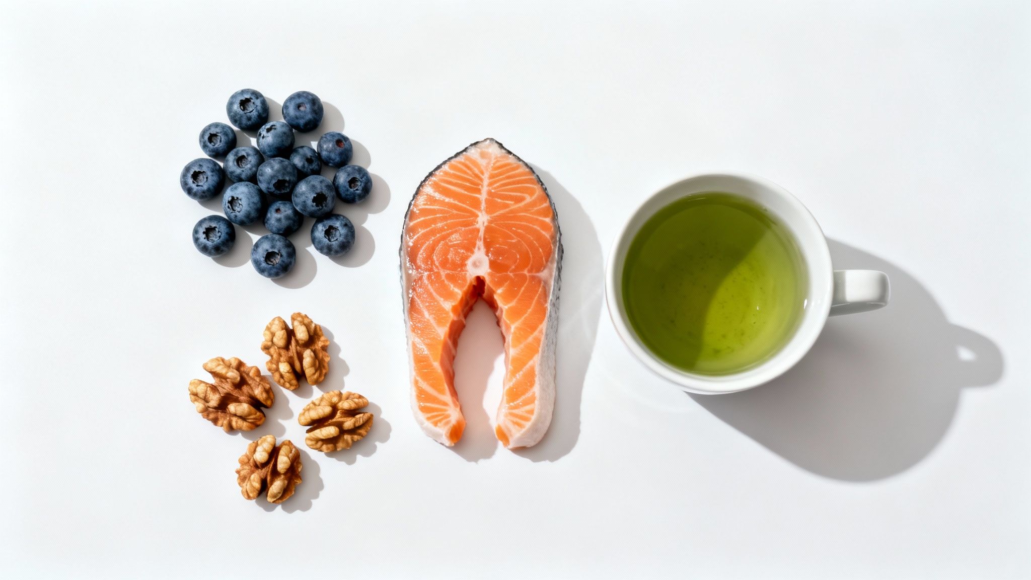 Overhead view of brain-boosting foods: salmon, blueberries, walnuts, and a cup of green tea.