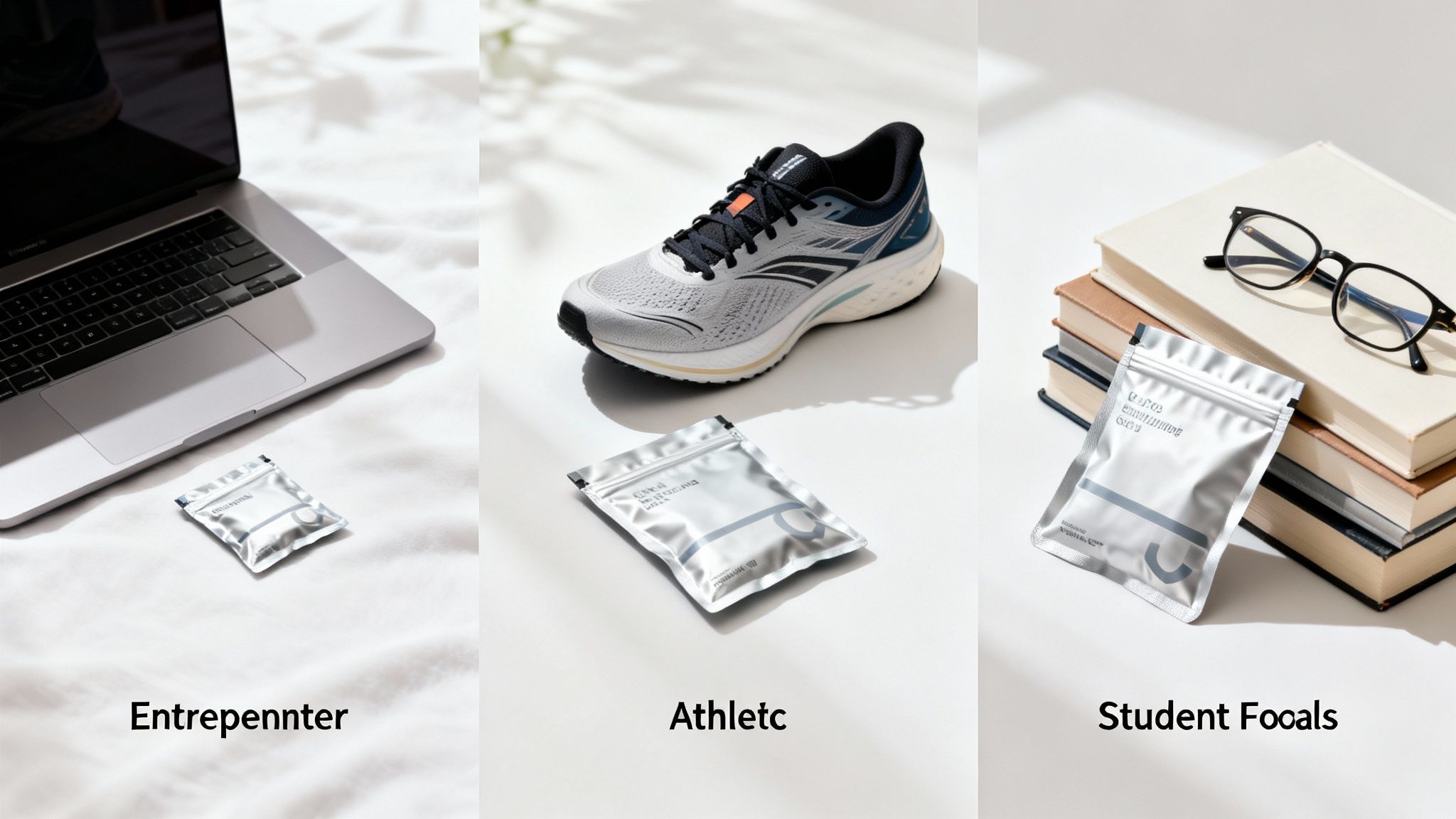Silver pouches for cognitive enhancement alongside a laptop, running shoe, and study books.