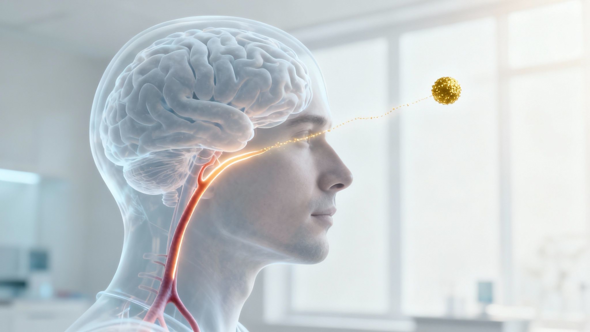 Translucent human brain visualization showing neural pathways and cognitive enhancement with golden particle connection