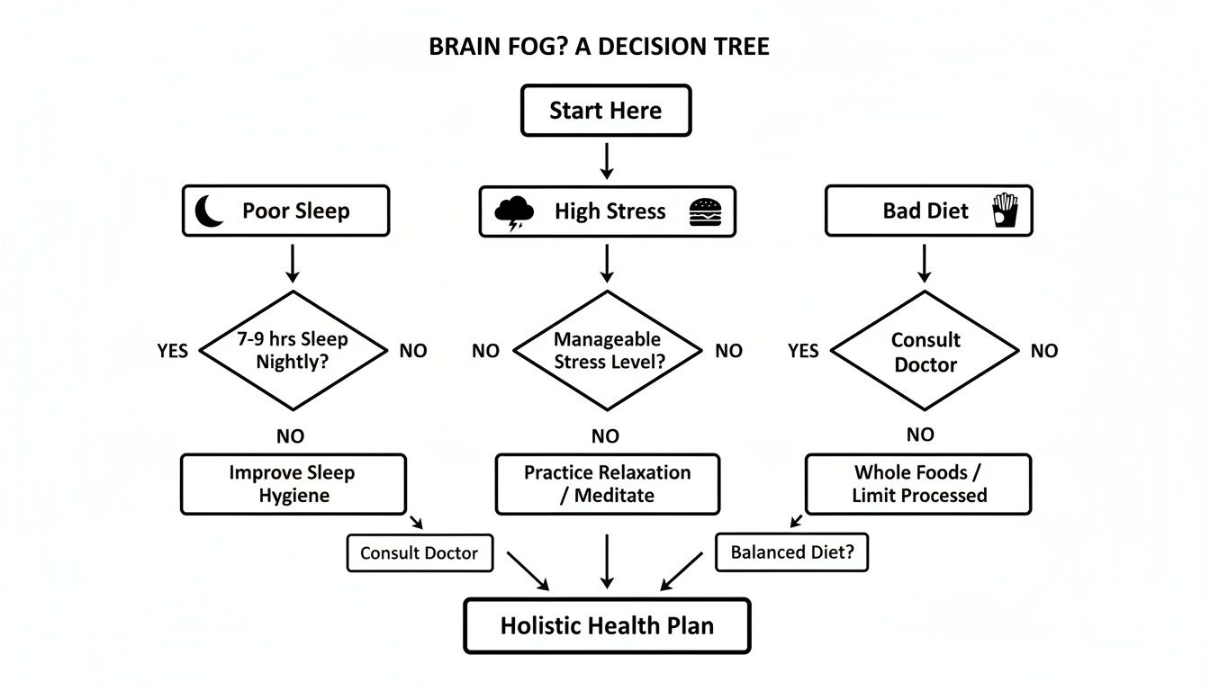 A decision tree flowchart for brain fog outlining causes like poor sleep, high stress, and bad diet.