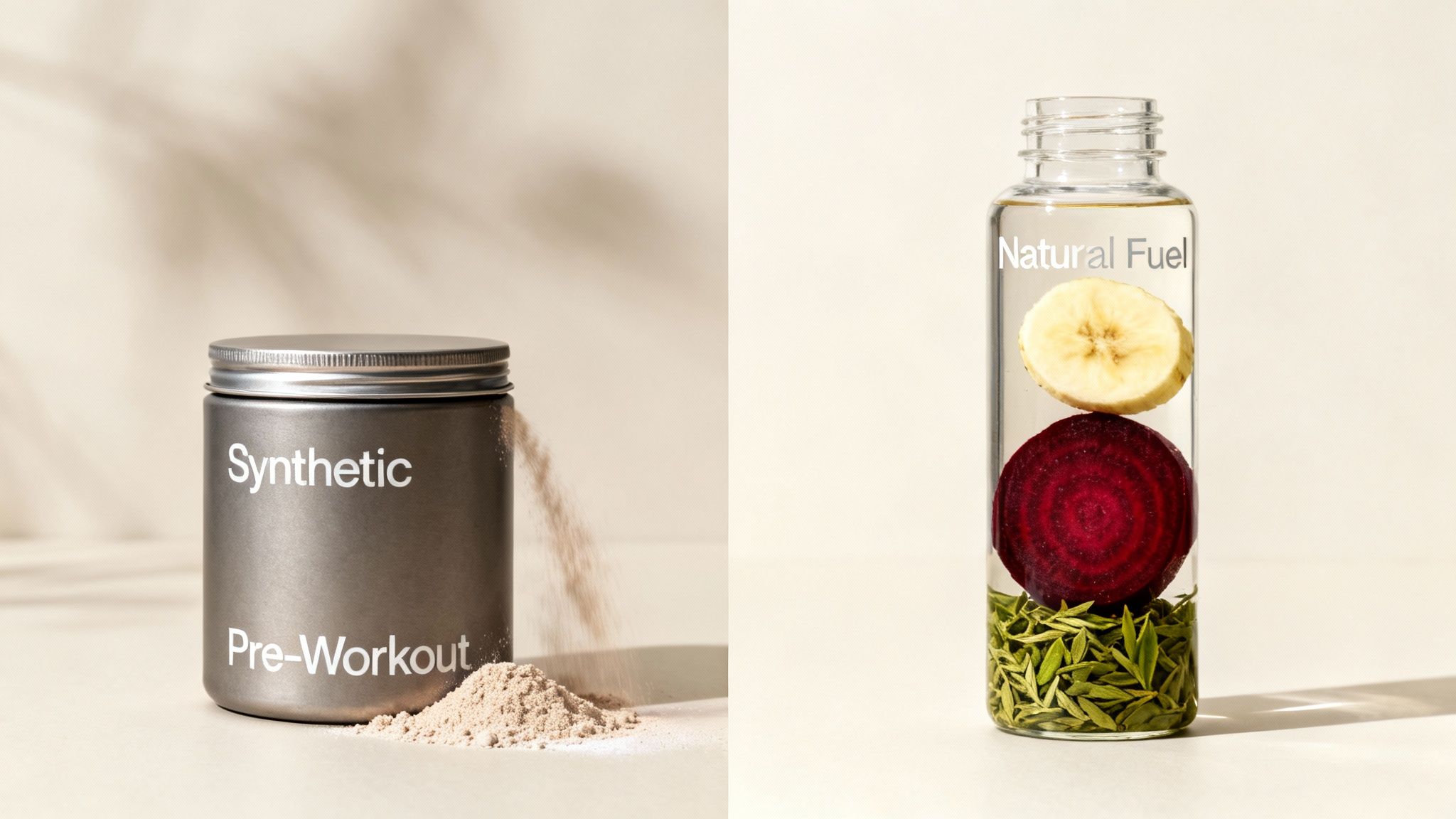 A synthetic pre-workout powder container contrasted with a bottle of natural fruit and vegetable fuel.