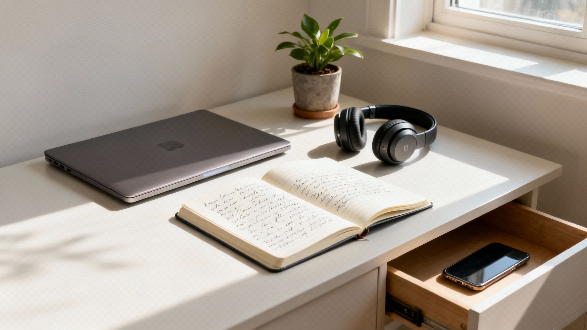 A clean desk setup with a laptop, journal, headphones, and a small plant by a sunny window.