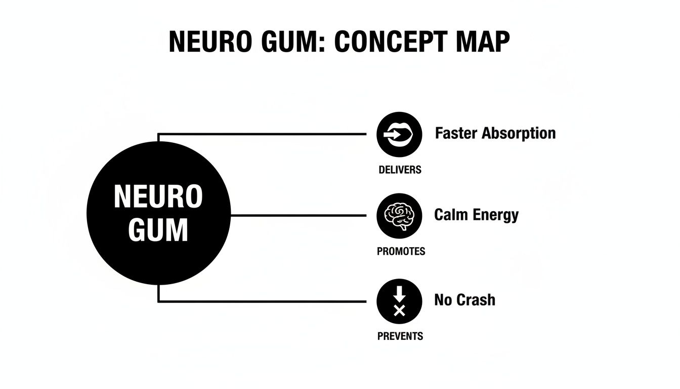 A concept map for Neuro Gum, outlining its benefits: faster absorption, calm energy, and no crash.