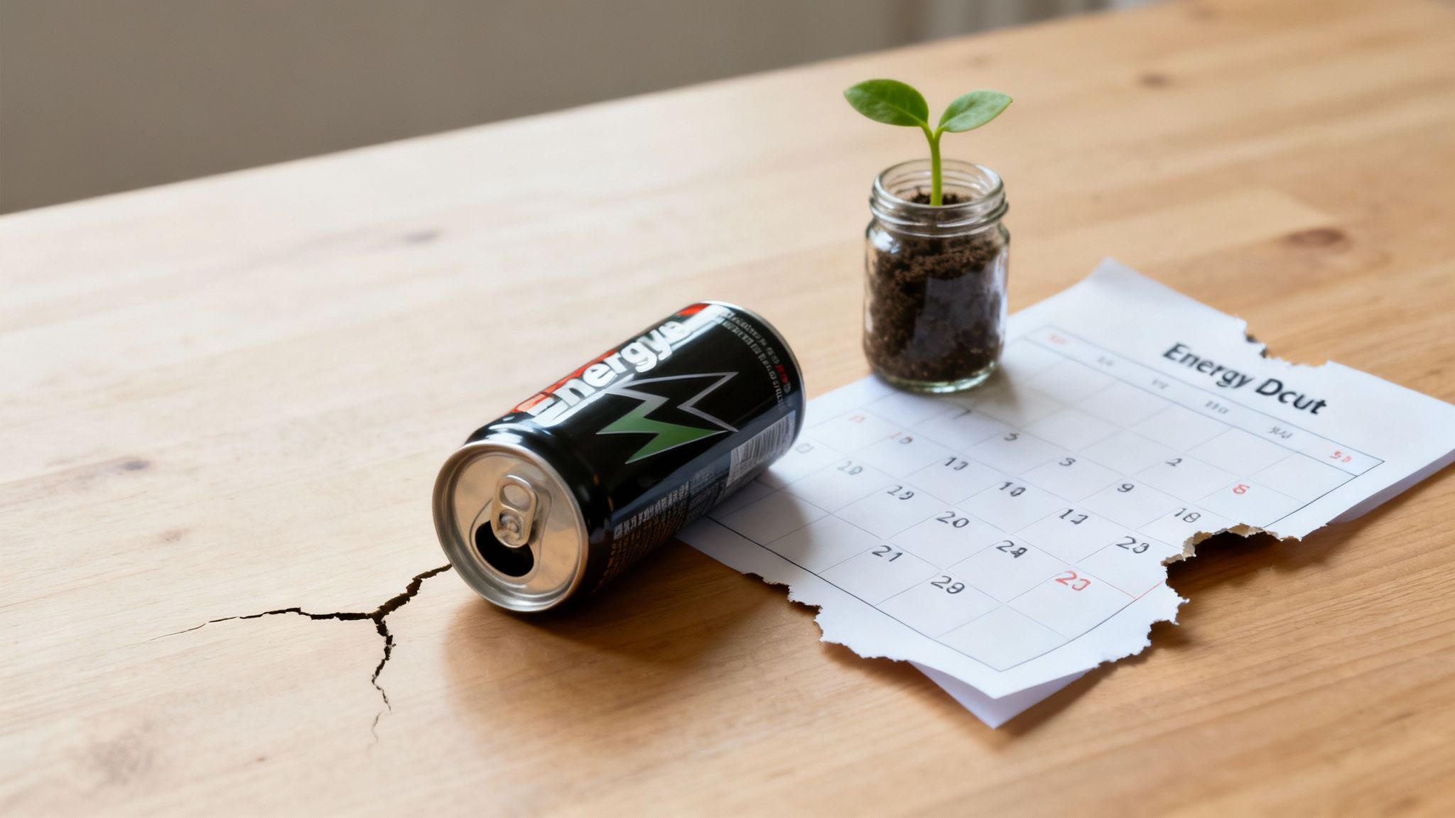 A person looking tired while holding an energy drink can, with a blurred office background.