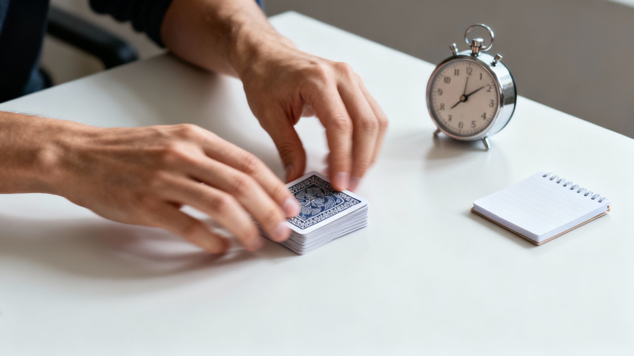 A person's hands arrange a stack of blue playing cards on a white table, with an alarm clock and notepad.