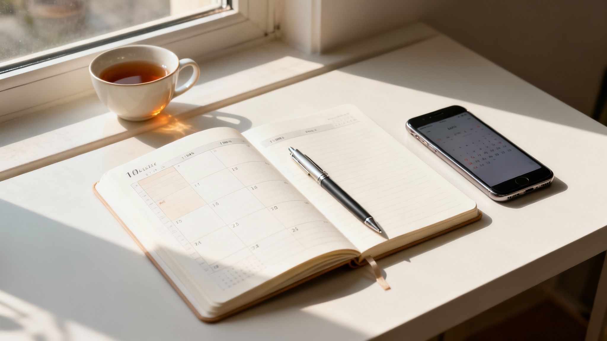 A cup of tea, an open planner, a pen, and a smartphone on a sunlit white desk.