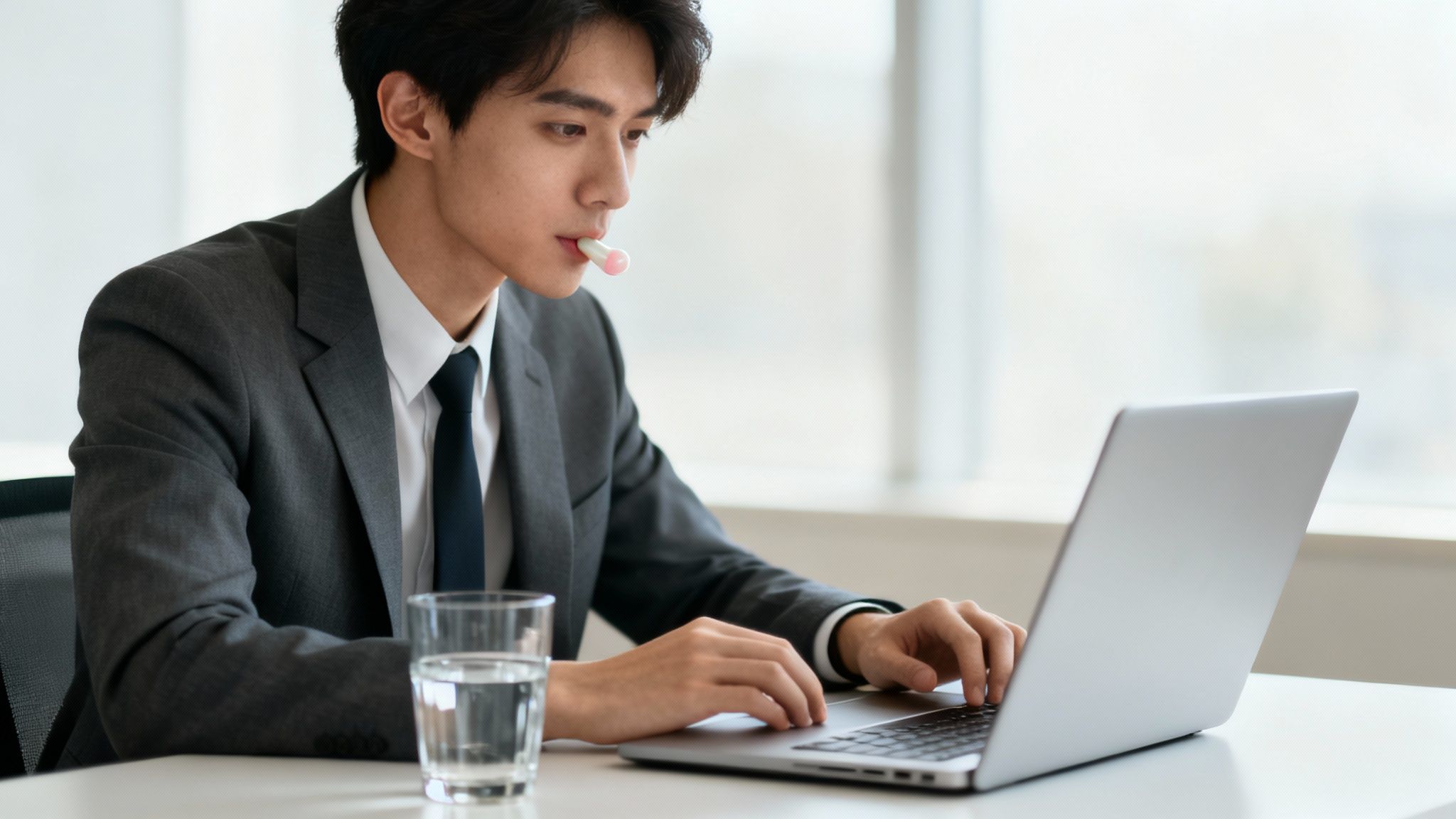 Young man in a suit concentrating while typing on a laptop with a pink device in his mouth.