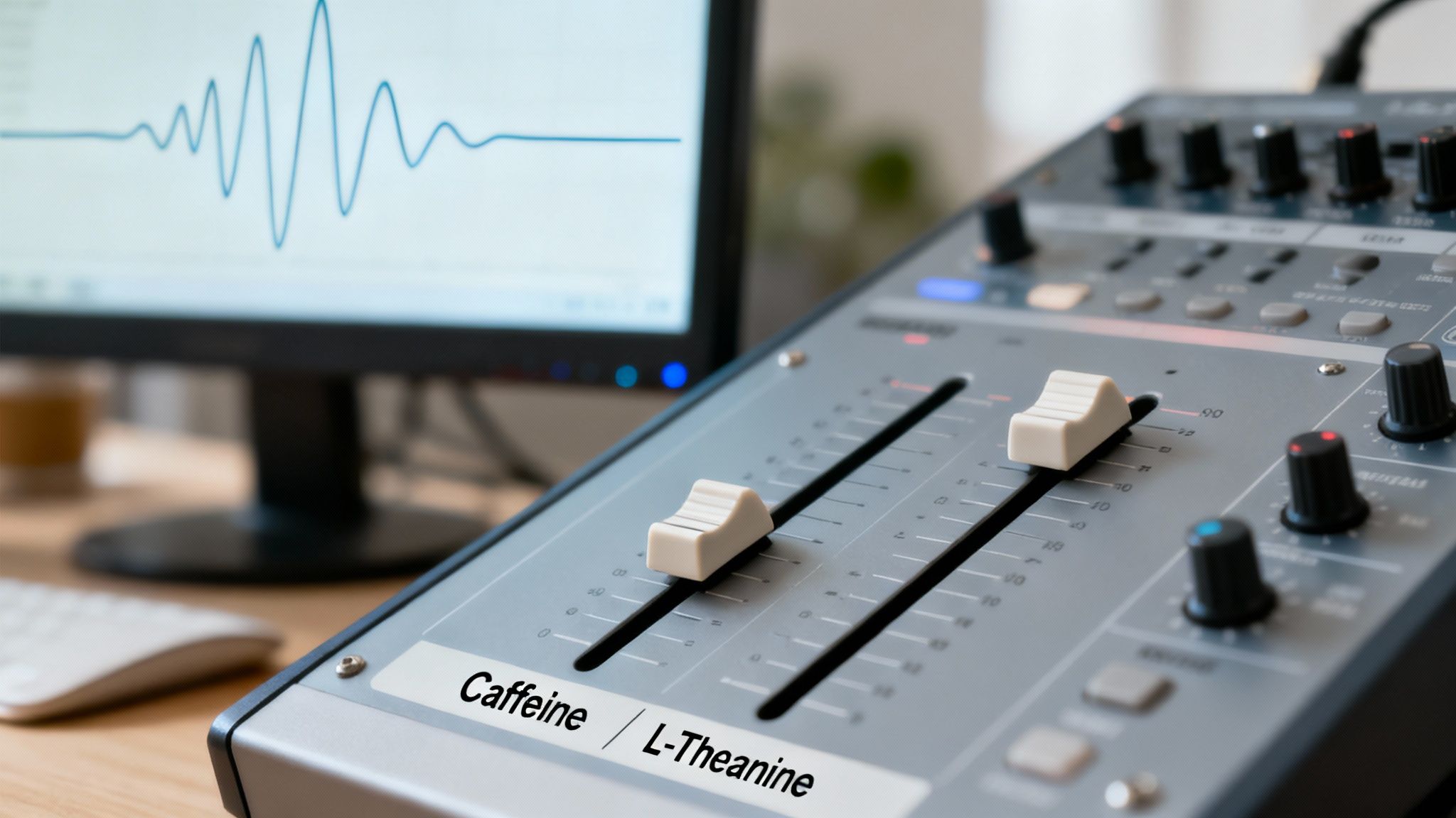 Audio mixer faders labeled 'Caffeine' and 'L-Theanine' with a brainwave graph on a computer screen.