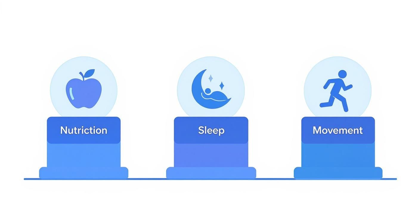Infographic showing the pillars of mental clarity Nutrition, Sleep, and Movement