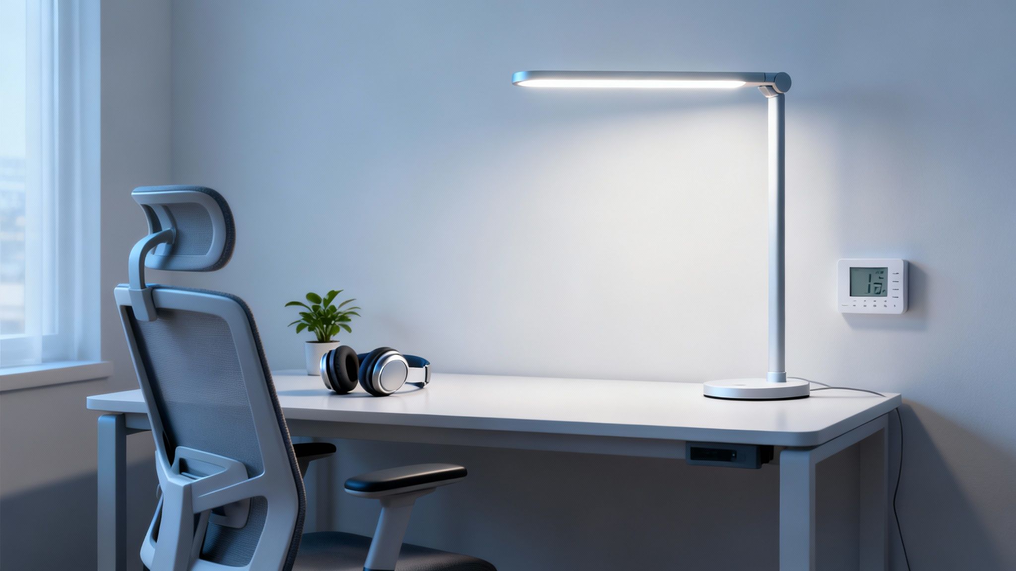 A modern home office setup with an ergonomic chair, white desk, bright lamp, and headphones.