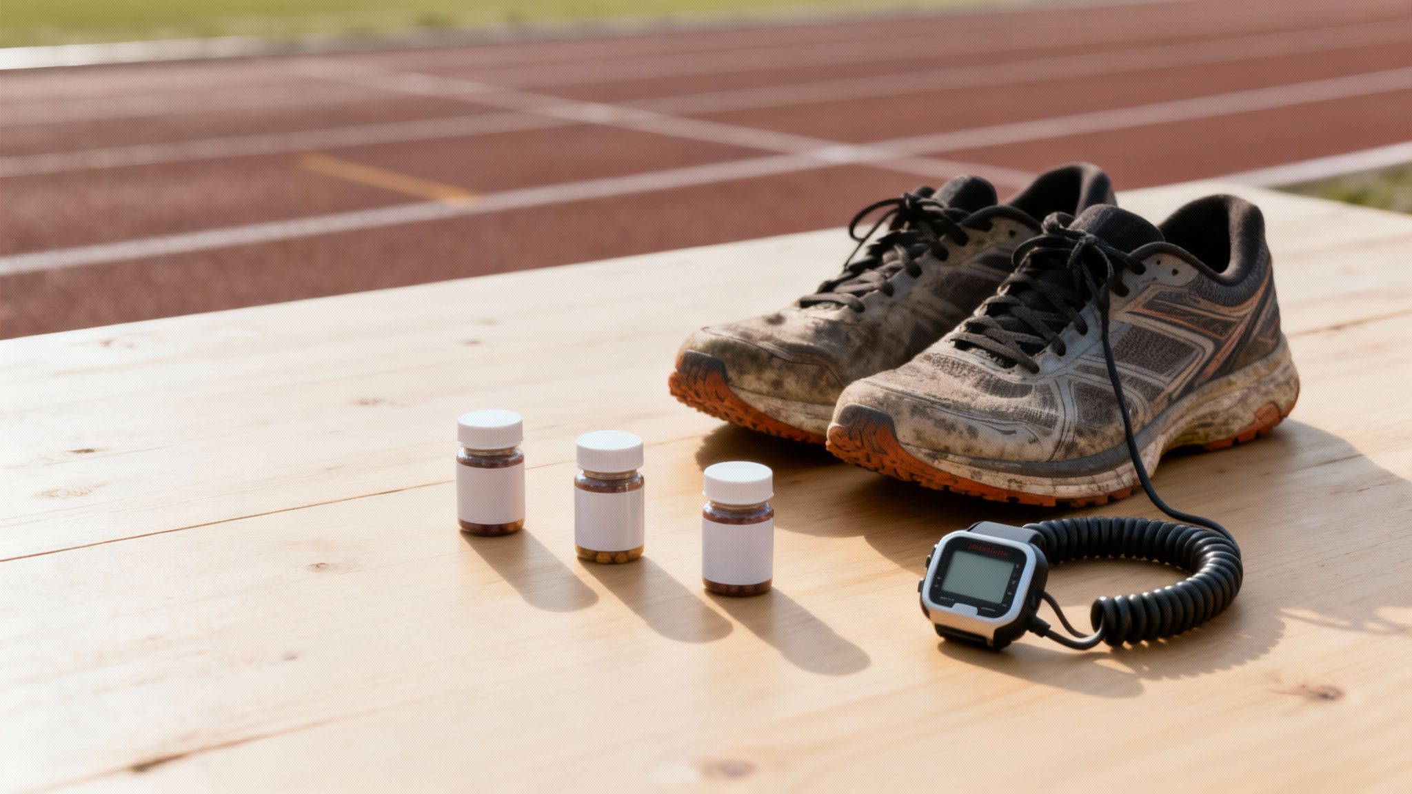 Dirty running shoes, three supplement bottles, and a sports watch on a wooden table near a track.