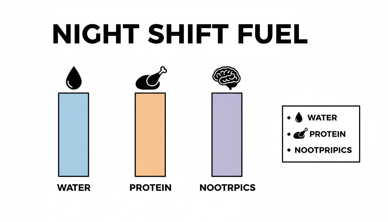 An infographic illustrating 'Night Shift Fuel' with recommended energy sources: water, protein, and nootropics.