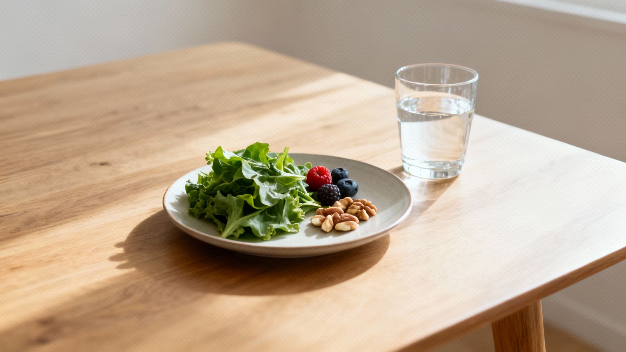 A plate with fresh greens, mixed berries, and nuts next to a glass of water on a wooden table.