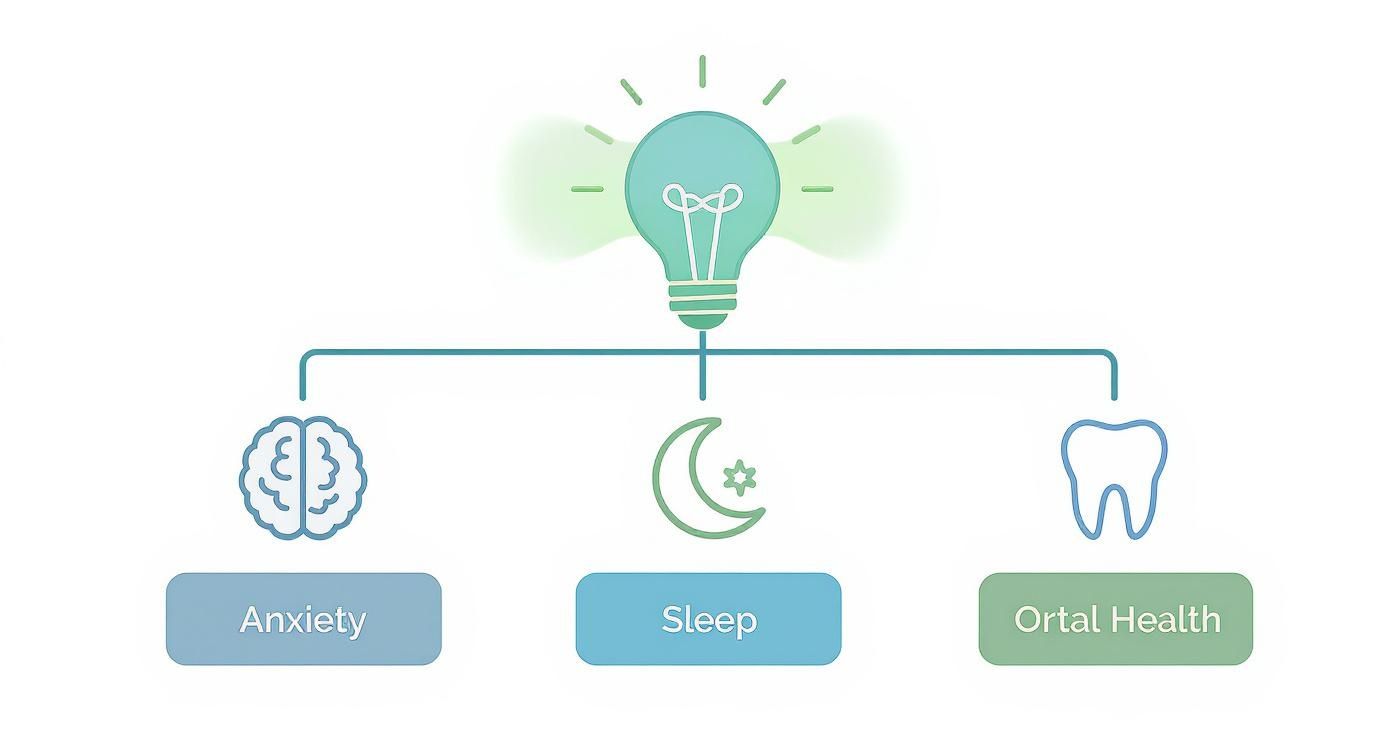 Infographic showing the main benefits of caffeine-free gum branching into anxiety reduction, better sleep, and improved oral health.