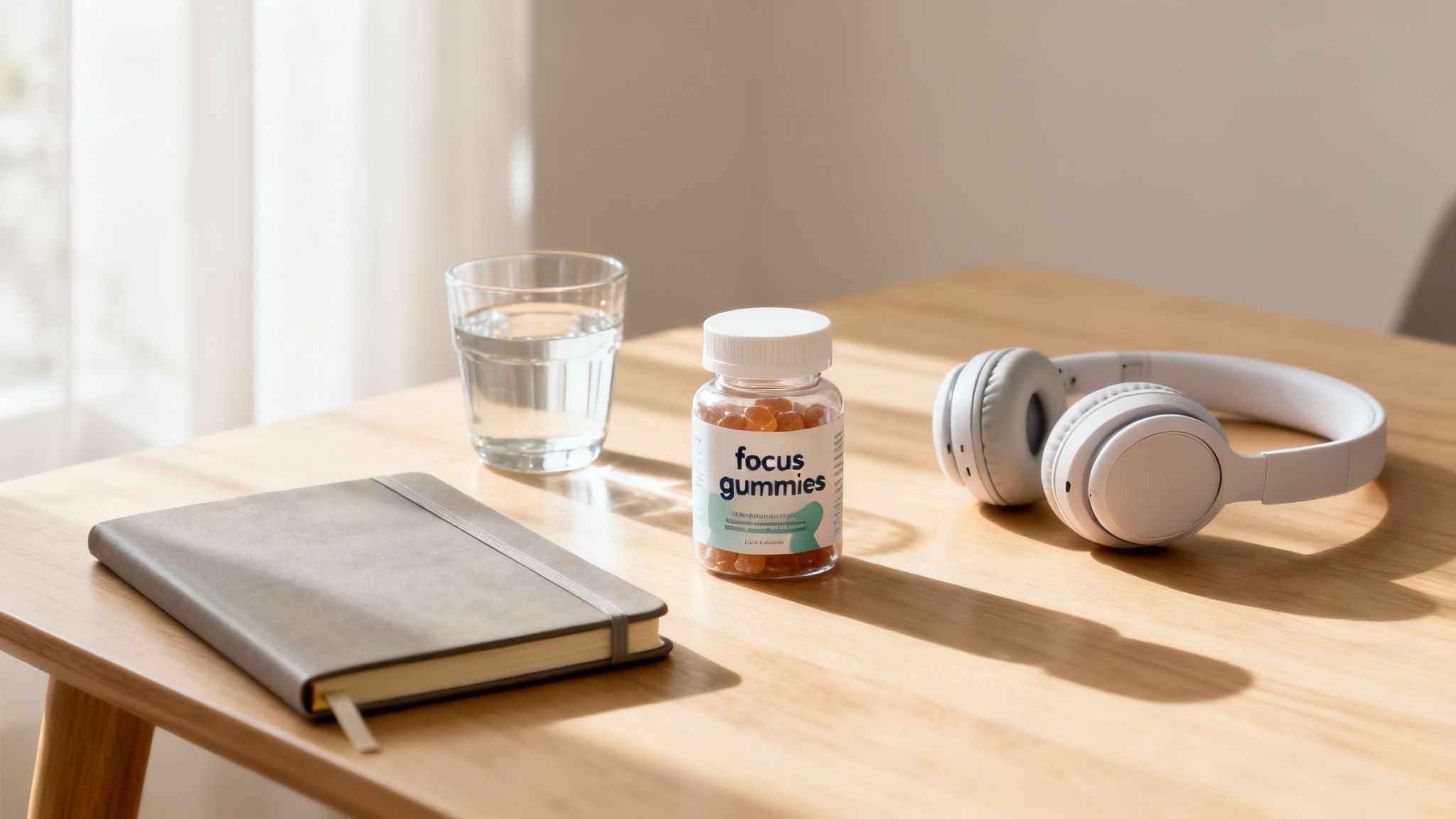 A person mindfully placing a focus gummy on their tongue before starting their workday.