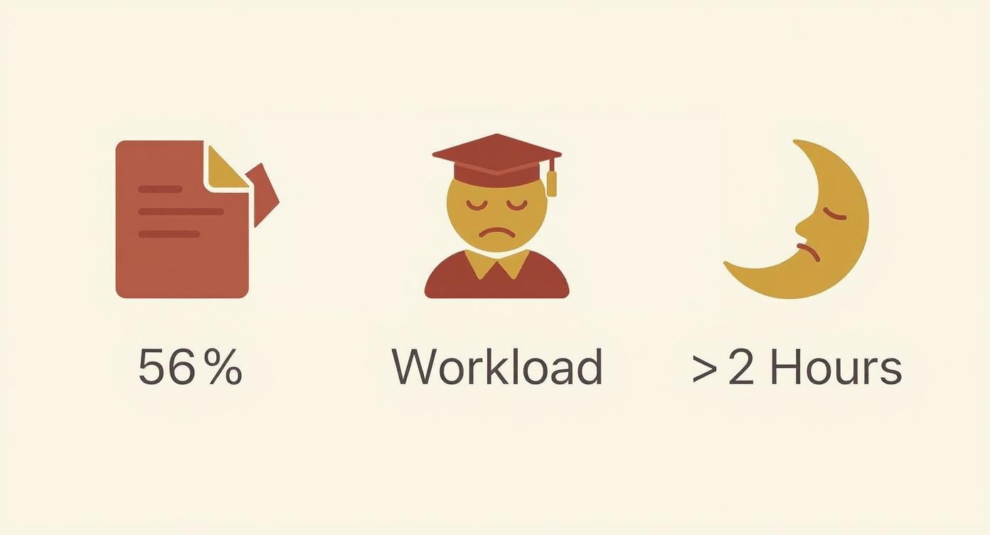 Icons showing a 56% grade, a stressed student, and a sad moon, symbolizing heavy workload and insufficient sleep.