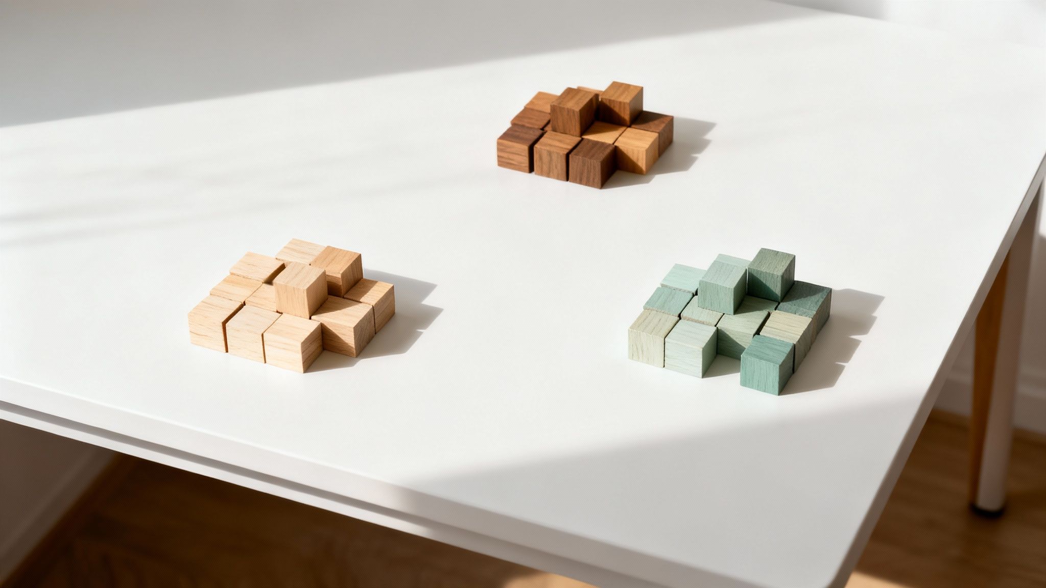 Three groups of colorful wooden blocks arranged on a white table with sunlight and shadows.