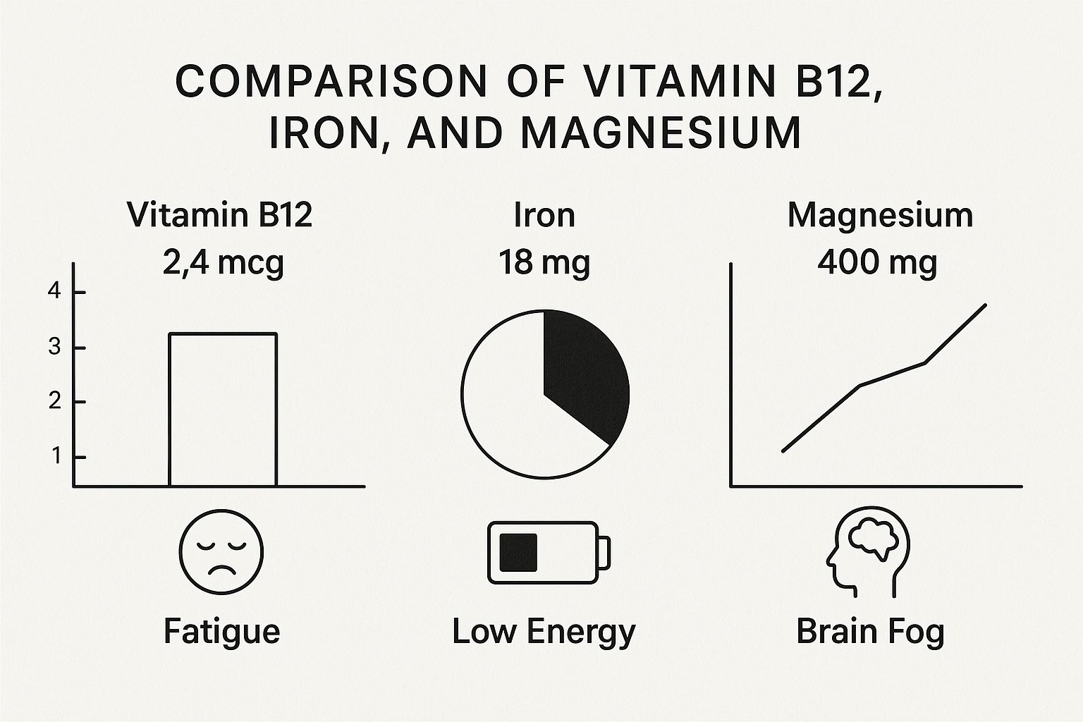 Infographic comparing daily intake and deficiency symptoms for Vitamin B12, Iron, and Magnesium.