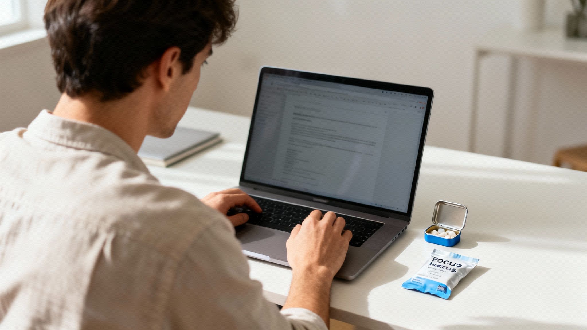 A person focused on work at a laptop, with focus supplements on the desk.