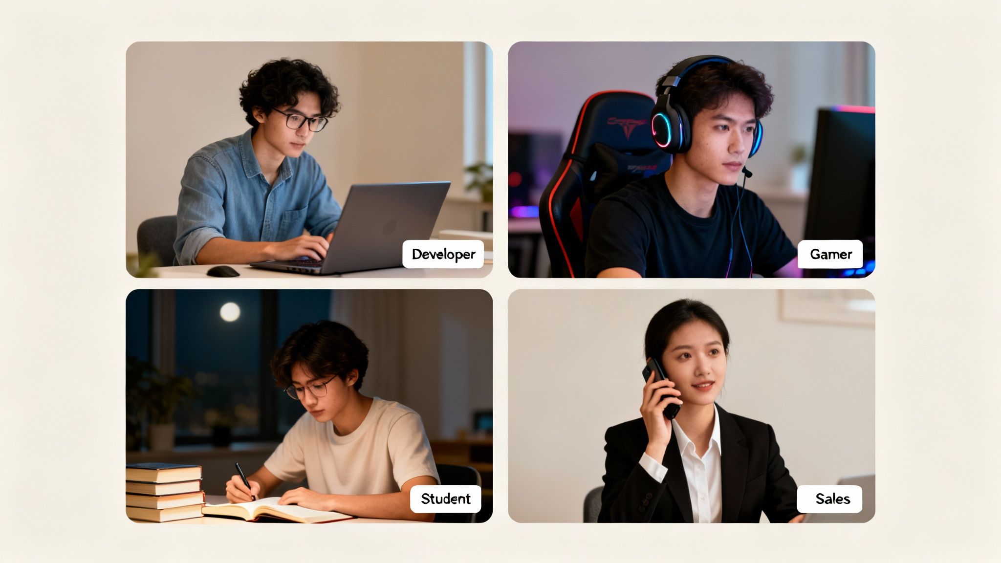 Four young Asian people in a grid, engaged in diverse roles: developer, gamer, student, and sales.
