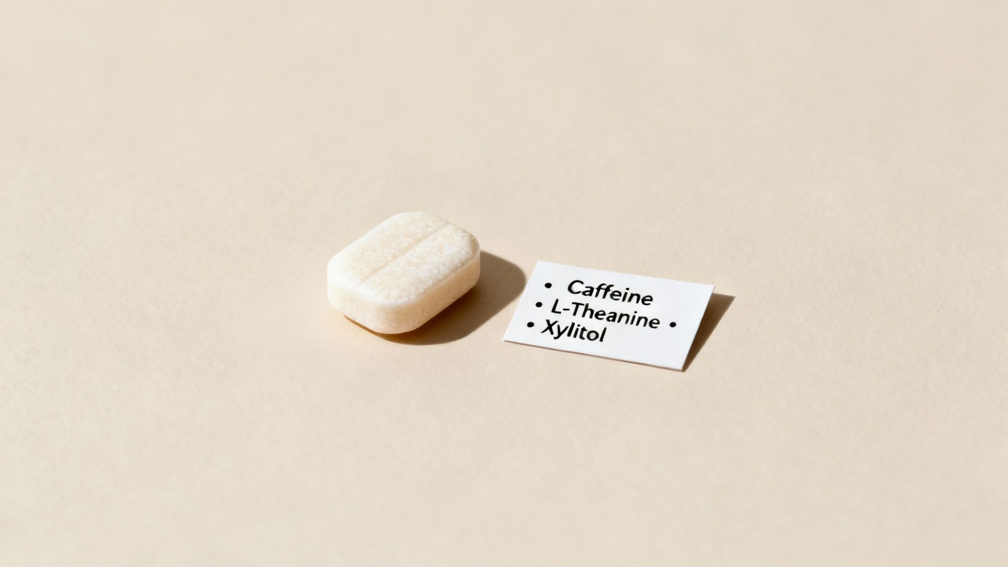 A white rectangular chewable tablet next to a card listing caffeine, L-theanine, and xylitol.