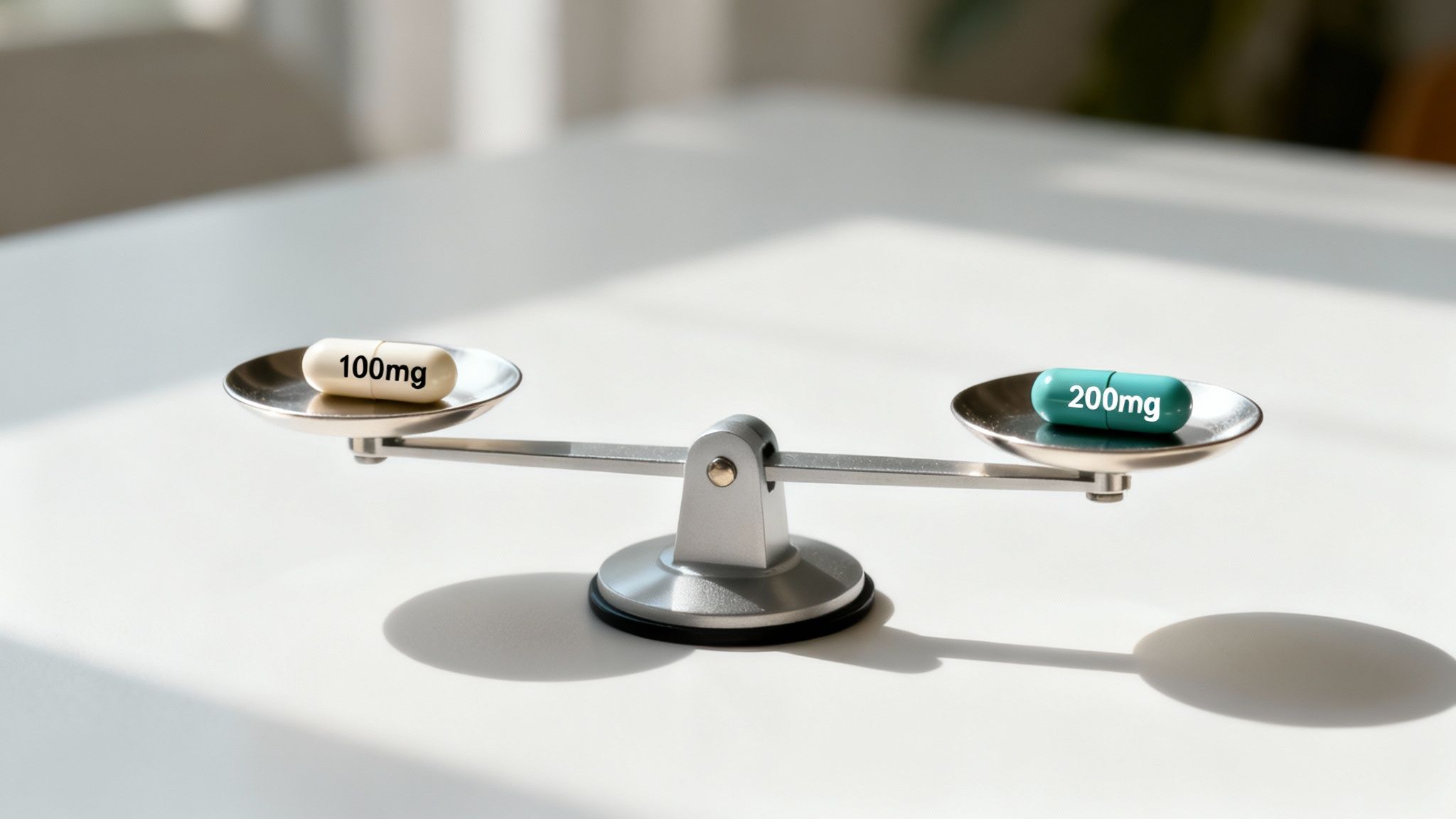Balance scale comparing 100mg and 200mg supplement capsules demonstrating dosage differences