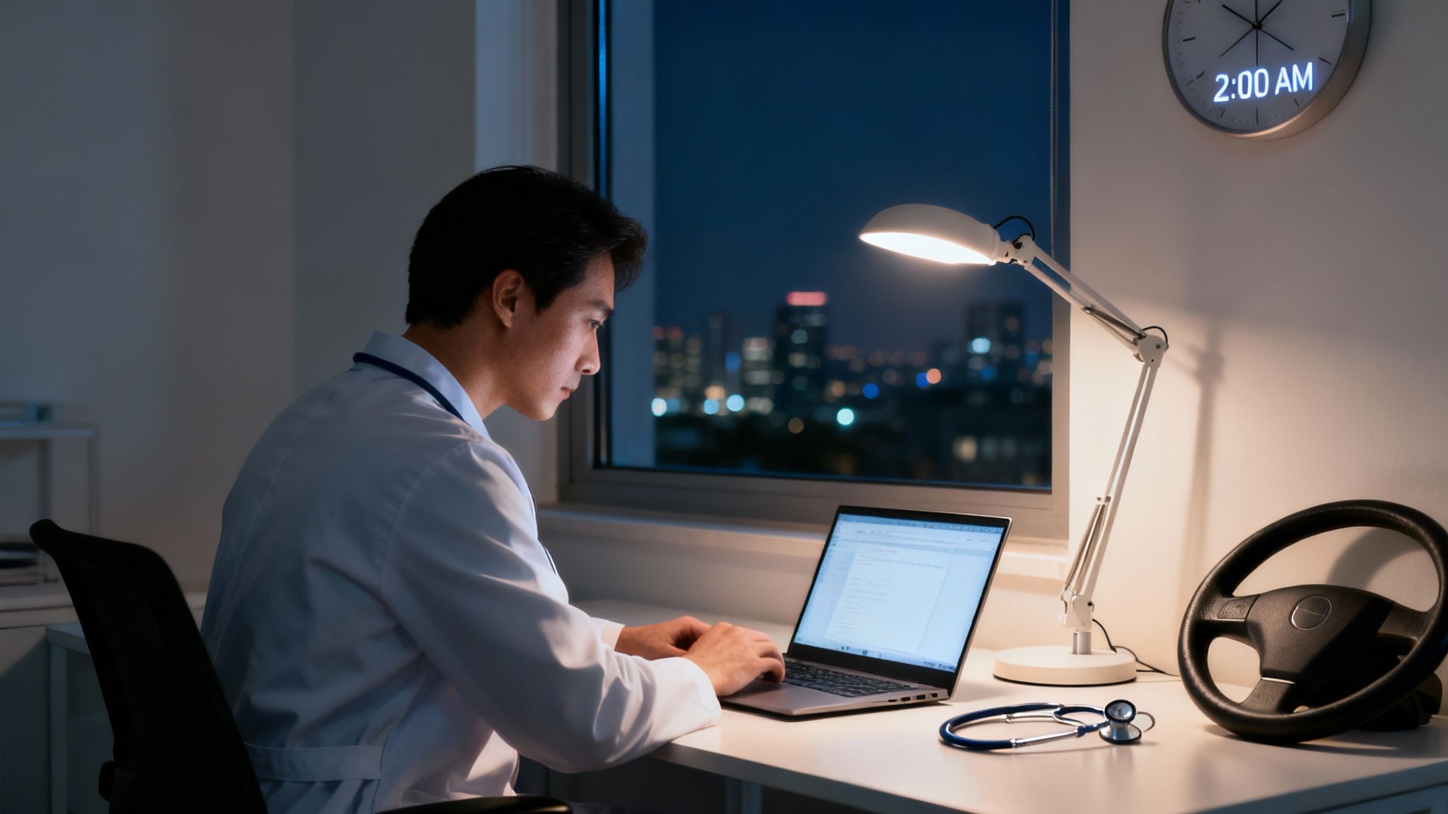 A diligent doctor in a white coat works on a laptop at 2 AM, with a stethoscope on the desk.