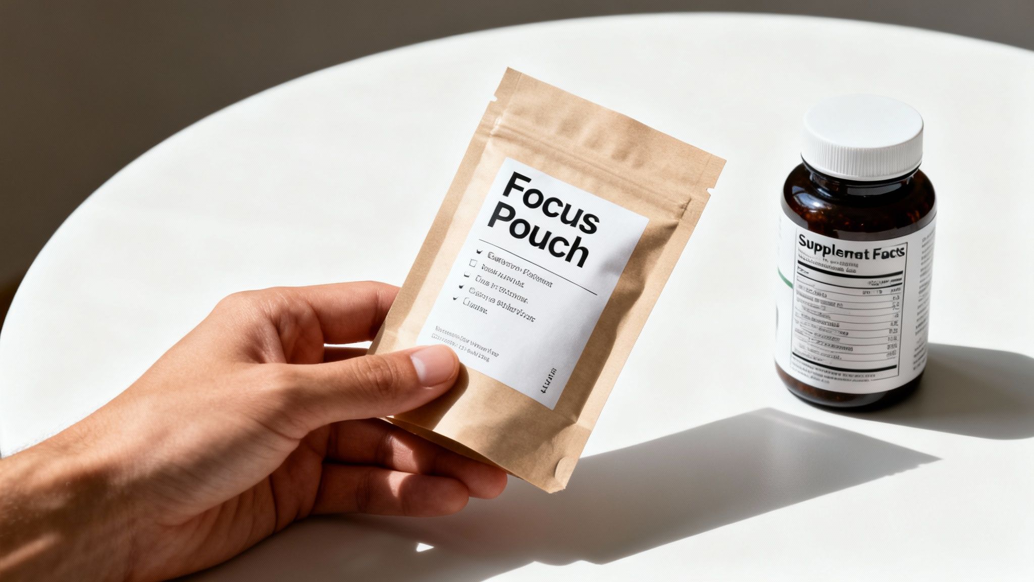 A hand holds a 'Focus Pouch' supplement next to a brown 'Supplement Facts' bottle on a white table.