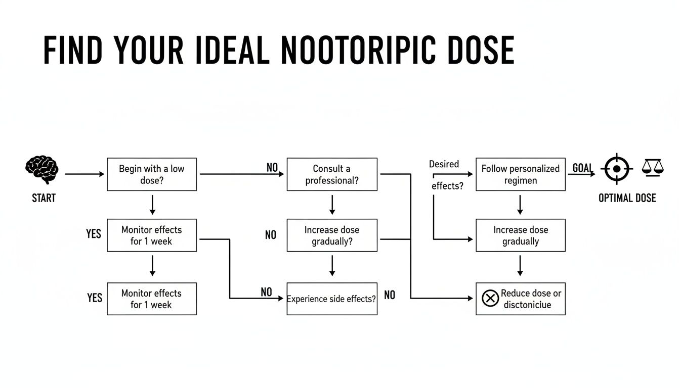 Flowchart guiding users on how to find their ideal nootropic dose with steps and decisions.