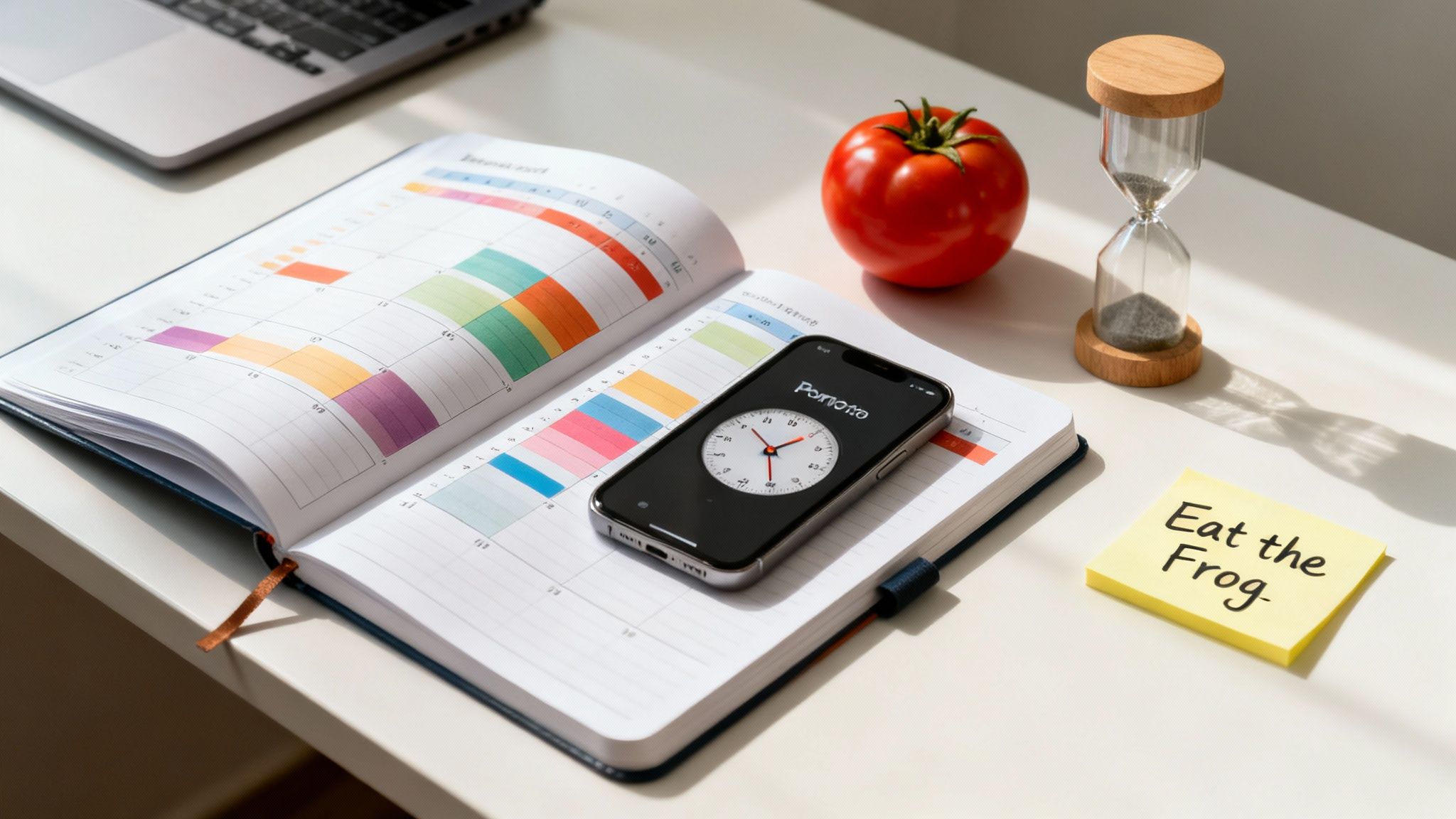 A desk with a productivity setup including a planner, phone Pomodoro timer, hourglass, and 'Eat the Frog' note.