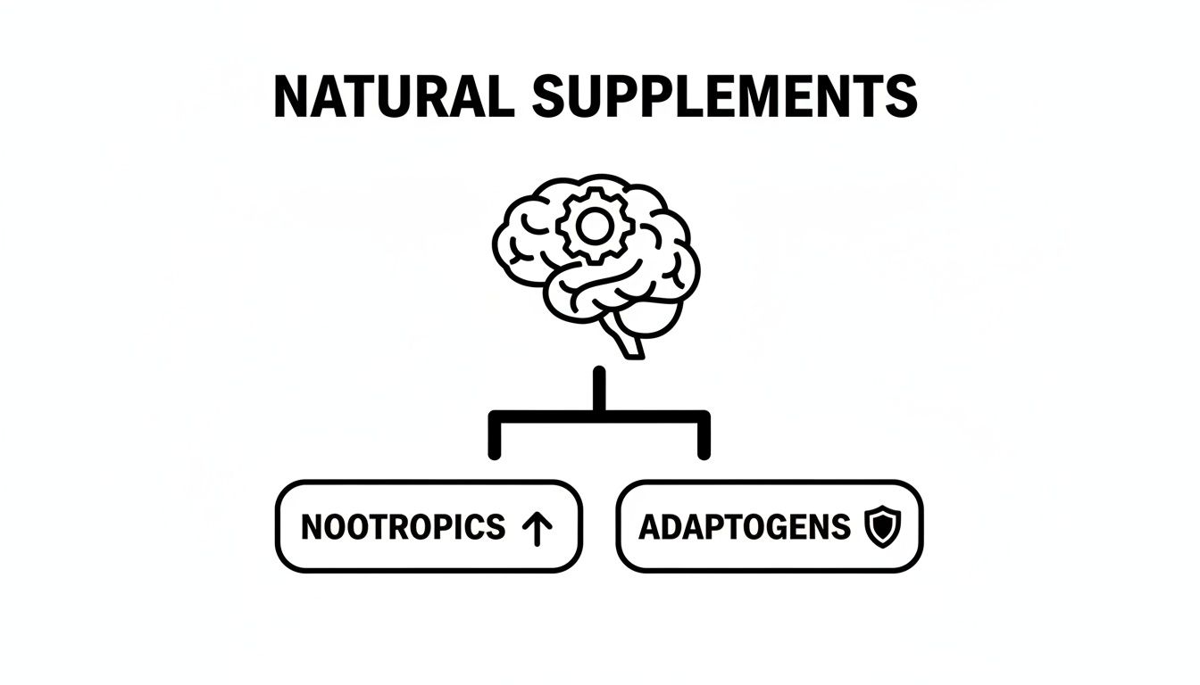 Diagram showing natural supplements, a brain icon with a gear, leading to nootropics with an up arrow, and adaptogens with a shield.