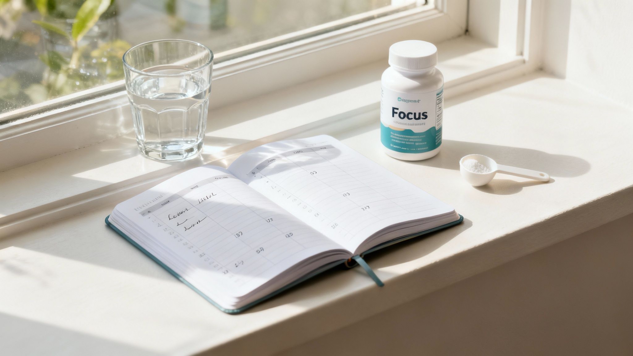 A person preparing a healthy meal with a supplement container on the kitchen counter.