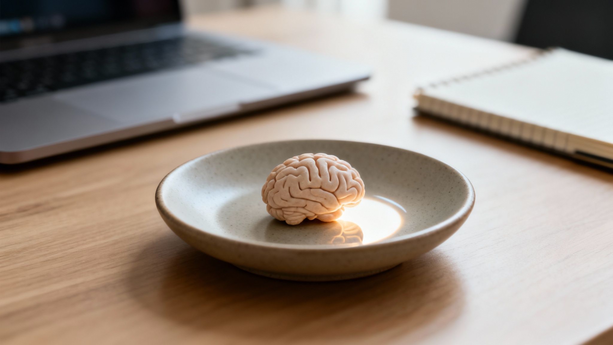 A small brain model in a ceramic dish on a wooden desk, with a laptop and notebook.